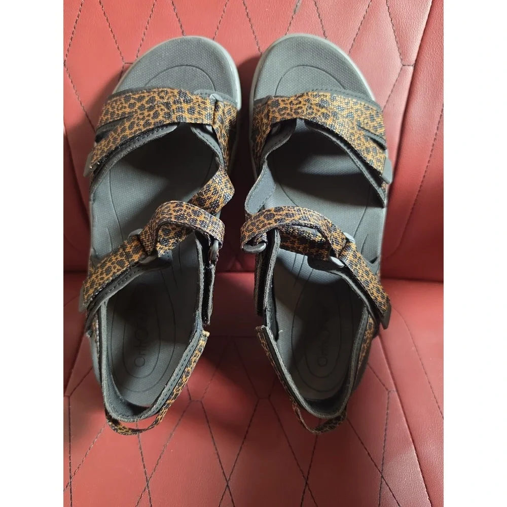 Orthofeet Women's Black/Brown Animal Print Strappy Sandals US 6.5 B Medium